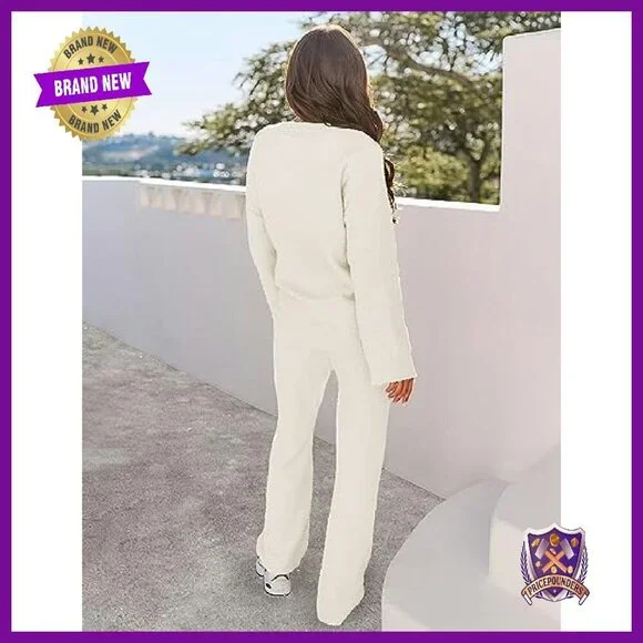 Fuzzy Fleece Loungewear Set V-Neck Sweater Wide Leg Pants Winter - Picture 4 of 8